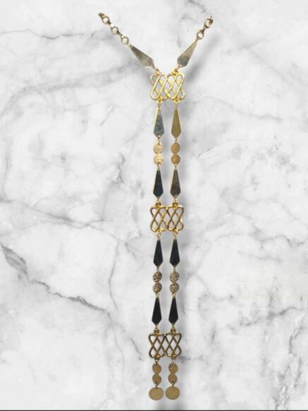 Vintage Art Deco Y-Drop Statement Necklace Gold Egyptian Revival 16" +‎ 12" Drop